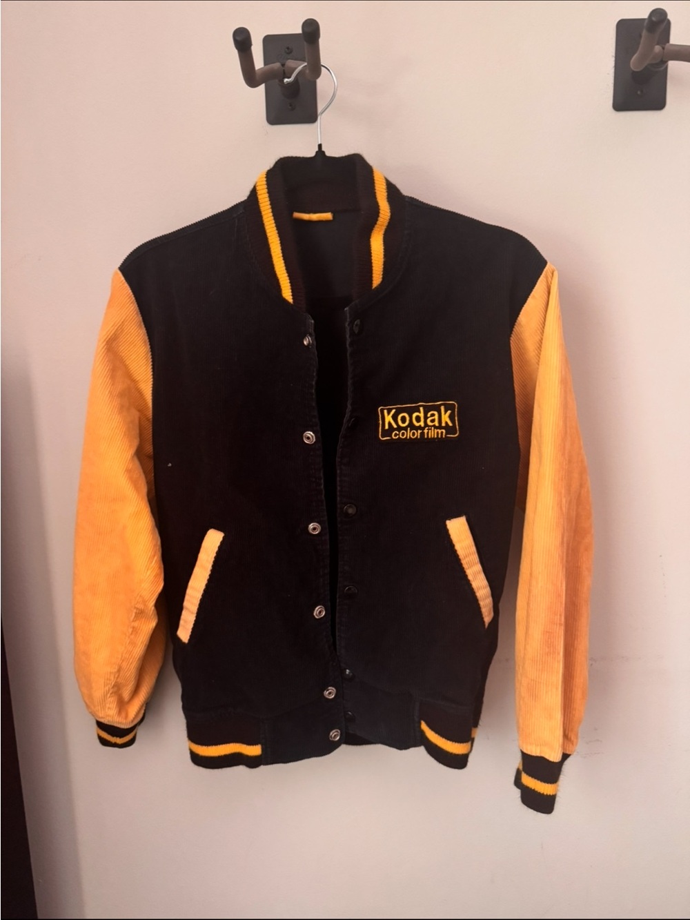 Vintage Kodak Color Film Varsity Jacket Japan 100% Cotton Black Yellow Bomber M